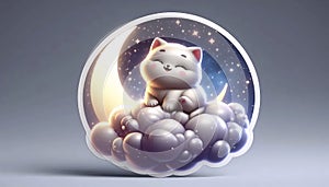 A 3D plush cat riding a cloud sticker, Ai generated image