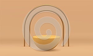 3d podium beige semisphere abstract stage with golden arch studio background design realistic vector photo