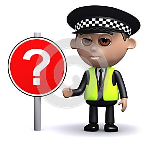 3d Police officer with question mark road sign