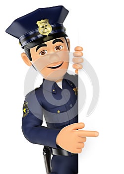 3D Policeman pointing aside. Blank space photo