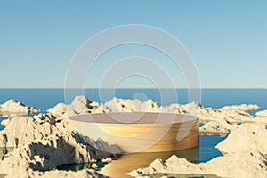 3d presentation wooden pedestal over rock landscape background flooded by ocean water