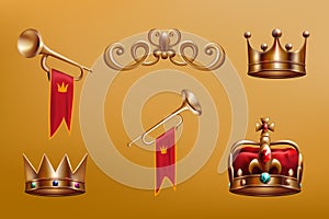 3D prince crown. Royal gold trumpet. Glory king or queen celebration. Monarchy wealth. Kingdom fanfares. Knight heraldic photo