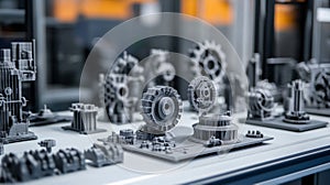 3D Printed Mechanical Gears and Components on a Display Table