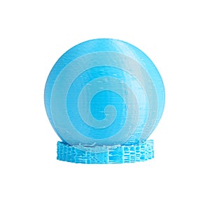 3d printed model of sphere from blue printer filament with technical supporters. Isolated on white.