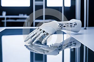 3D-printed prosthetic hand on clean table, modern lab, advanced medical manufacturing scene