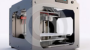 3D printer on workplace of engineer maker with abstract tech schema of additive technologies