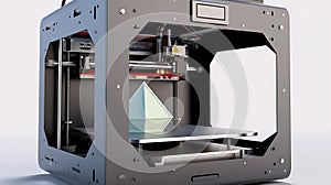 3D printer on workplace of engineer maker with abstract tech schema of additive technologies