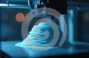 3D printer in action creating complex layered object. Modern tech innovation for rapid prototyping, model making, design.