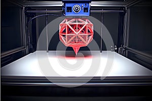 3 d printer in action creating red geometric object technology concept