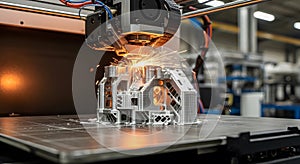 A 3D printer is in action, using a metal additive manufacturing