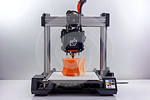 3 d printer in operation creating an orange object in a studio setting