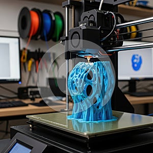 3d printer creating blue object