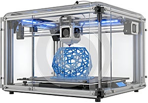 3d printer creating blue object isolated on transparent background