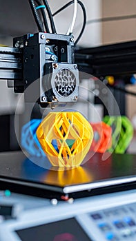 3D printer creating colorful geometric objects in a workshop environment