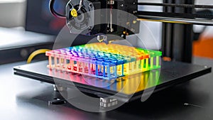 3D printer creating a colorful plastic object, close-up view