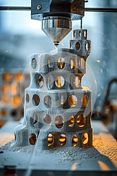 3D printer creating complex architectural model layer by layer.