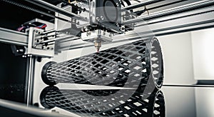 3D Printer Creating Complex Geometric Plastic Object in Close-up