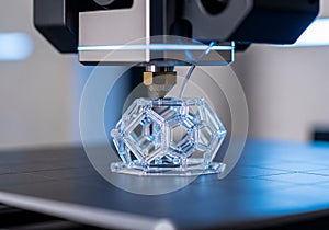 A 3D printer is creating a geometric structure using transparent