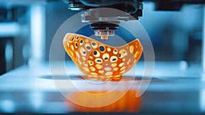 3d printer creating intricate orange object in laboratory setting