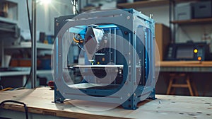 3D printer creating object in modern technology workshop