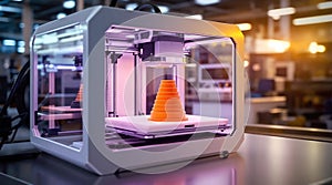 3 D printer creating orange cone object in laboratory 1