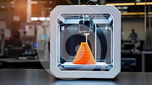 3 D printer creating orange cone object in laboratory