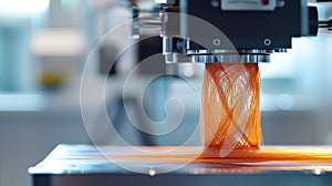 3d printer creating orange filament object in laboratory