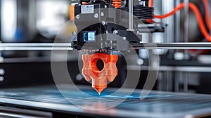 3d printer creating orange plastic part in laboratory