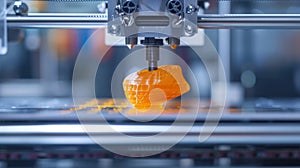 3d printer creating orange plastic prototype in laboratory