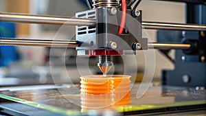 3d printer creating orange prototype in laboratory setting