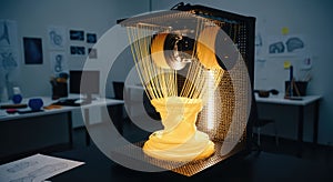 3D printer creating a yellow object in a workshop