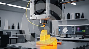 3D Printer Creating a Yellow Object in a Workshop
