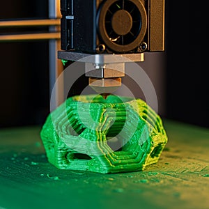 A 3D printer extrudes green filament to create a geometric object with hexagonal