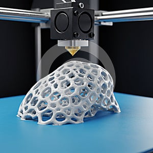 A 3D printer extruding a complex, white lattice structure onto a blue platform