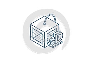 3D Printer isometric icon. 3d line art technical drawing. Editable stroke vector