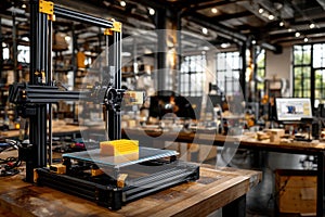 3D printer in a modern workshop creating a yellow object