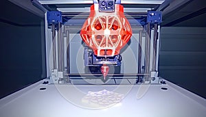 3 d printer in operation creating orange geometric object on white surface
