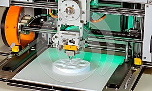 3 d printer in operation creating a white circular object close up