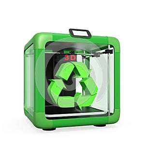 3D printer and recycle mark isolated on white background