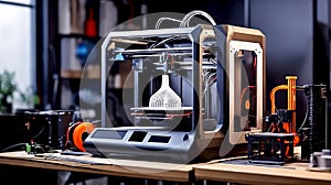 3D printer on workplace of engineer maker with abstract tech schema of additive technologies
