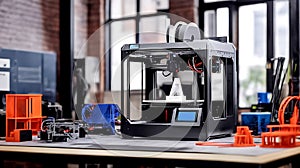 3D printer on workplace of engineer maker with abstract tech schema of additive technologies