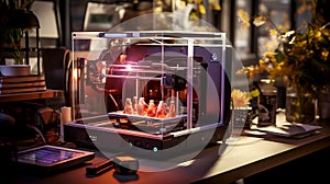 3D printer on workplace of engineer maker with abstract tech schema of additive technologies