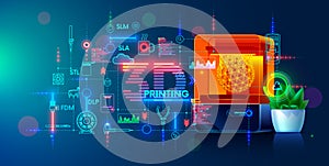 3d printing. Additive technology. 3d printer on workplace of engineer maker with abstract tech schema of additive technologies.