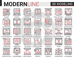 3d printing complex concept science technology thin line web icons vector set. Red black thin line creative design with