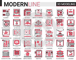 3d printing complex flat line concept science technology web icons vector set. Red black thin line creative design with