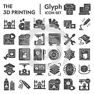 3D printing glyph icon set, 3d print industry symbols collection, vector sketches, logo illustrations, future technology