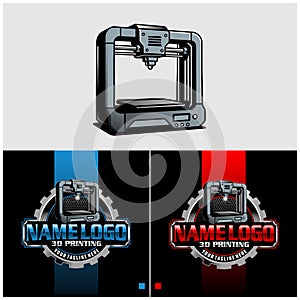 3D printing machine logo. logo design of technology 3D printer. Modern logo 3D printing technology