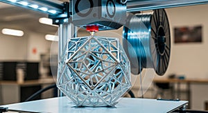 3D printing process creating geometric object, futuristic design concept