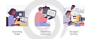 3D printing process isolated cartoon vector illustrations set.