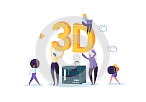 3D Printing Technology Concept. 3D Printer Equipment with Flat People Characters and Computer. Engineering Prototyping